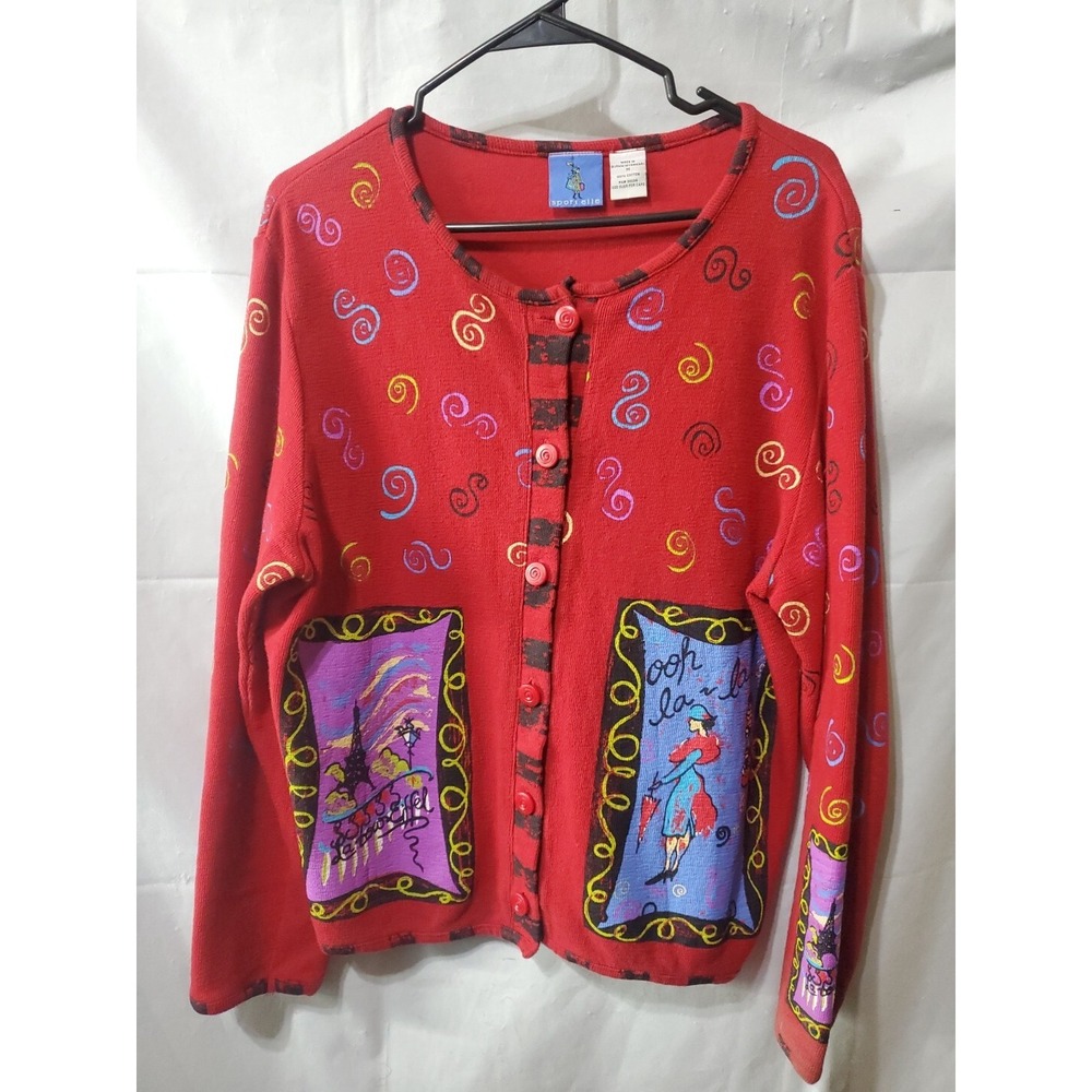 Sport Elle Womens Cardigan Sweater‎ Sz M Red Christmas Paris Buttons Granny Core